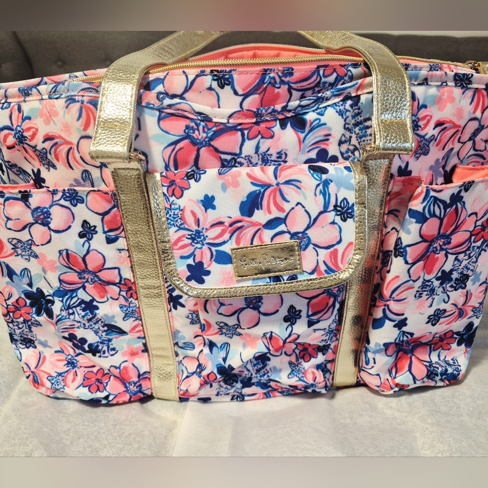 Lilly Pulitzer Pink Floral Tote with Gold Trim